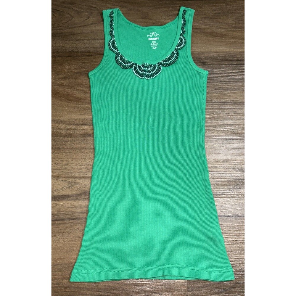 OLD NAVY Green BEADED Embellished Women Size XS Ribbed Tank Top INDIA